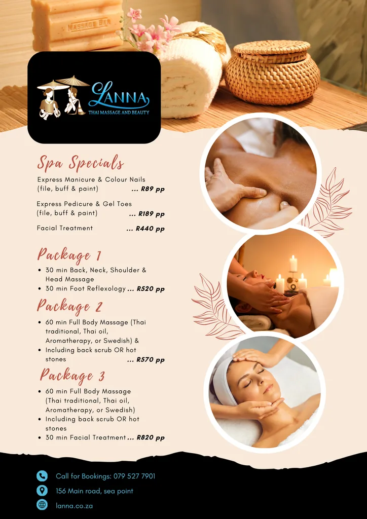 Lanna Spa September 2026 spa specials: express manicure R89, express pedicure with gel toes R189, facial R440, and spa packages from R520