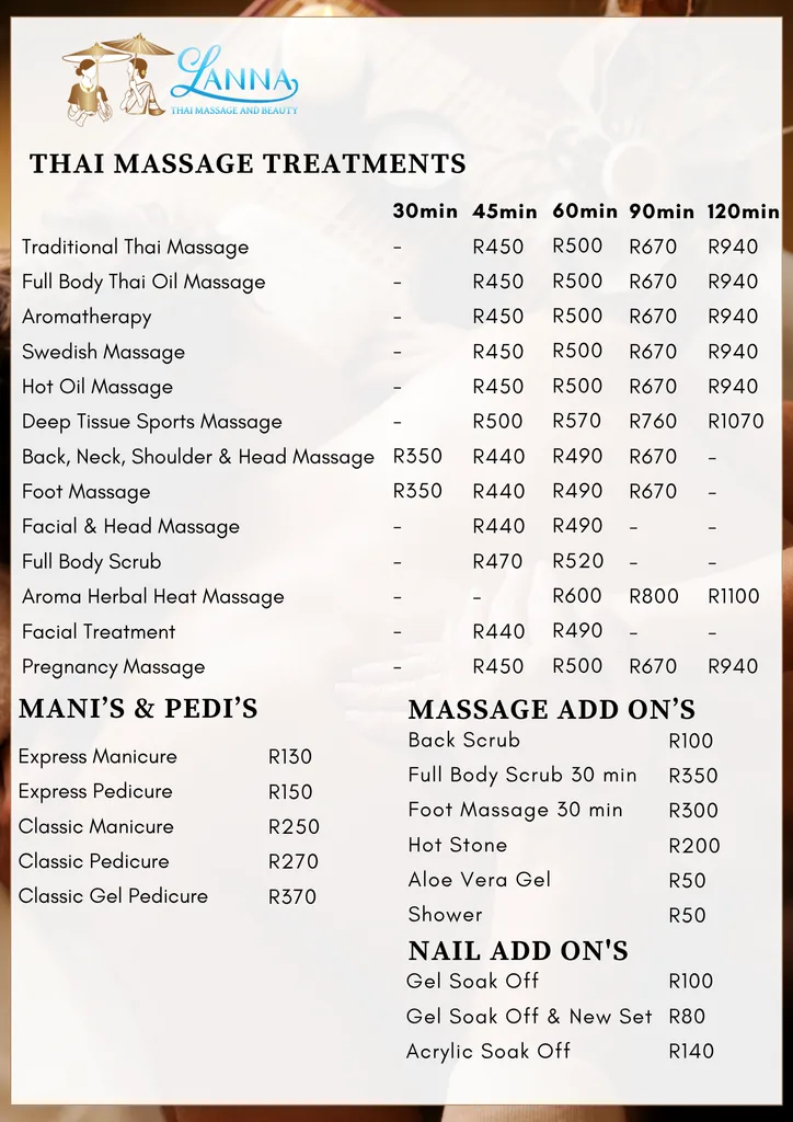 Lanna Spa price list: Thai massage treatments, manicures and pedicures, and massage and nail add-ons